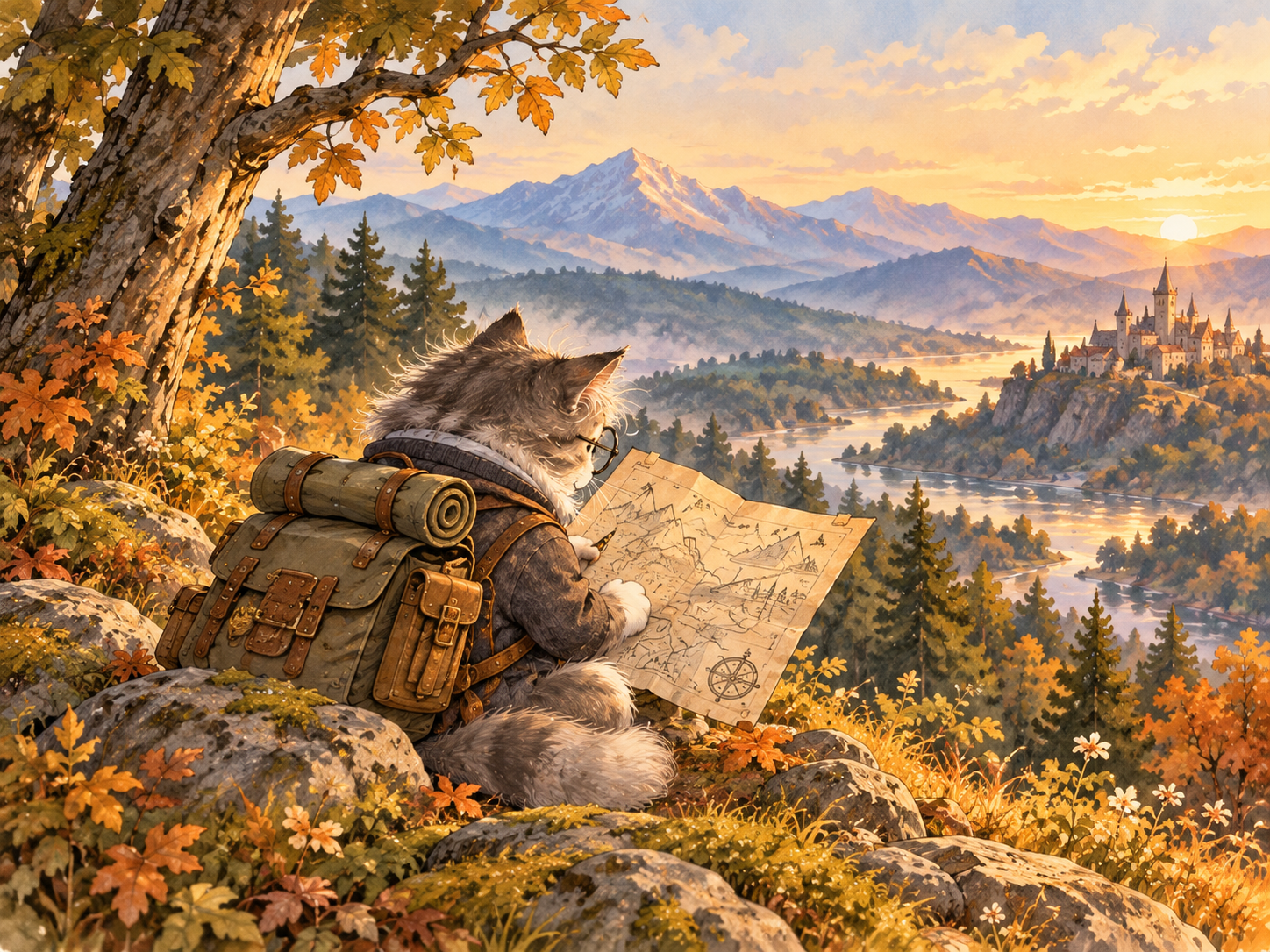 A gray kitten looking lost while studying a map